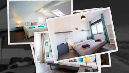 Collaged photos showing different modern bedrooms and interior spaces of the Baleal surf house.