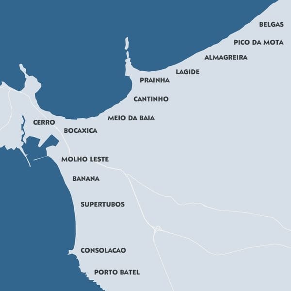Peniche and Baleal Surf Spots Map Map of Peniche peninsula and Baleal showing locations of all major surf spots including Supertubos and Lagide.