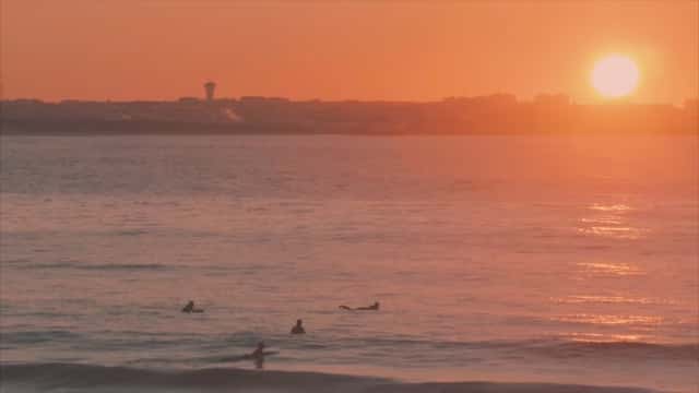 Silhouettes of surfers waiting for waves in the ocean during a golden sunset in Portugal, serving as a video thumbnail.