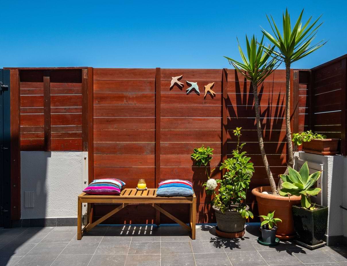 Sunny terrace with wooden bench, plants, and decorative fence