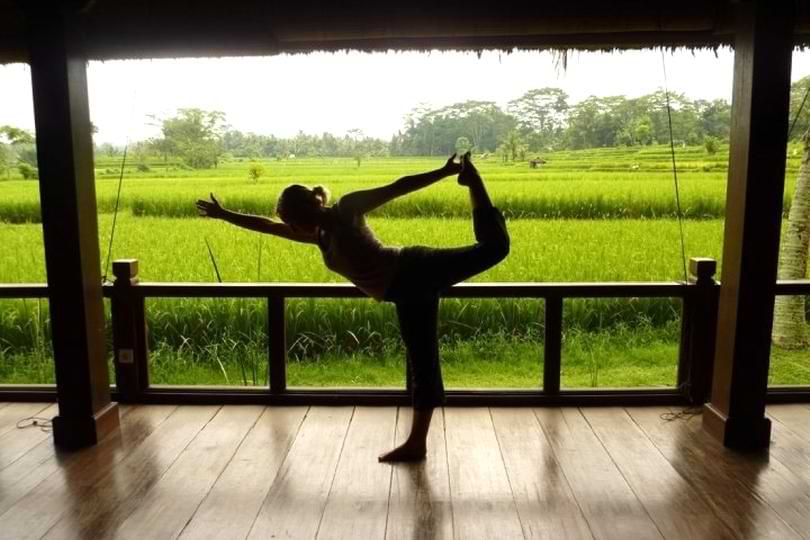 Post-Surf Yoga and Flexibility Sessions Woman performing King Dancer pose in a peaceful wooden studio overlooking lush green fields.