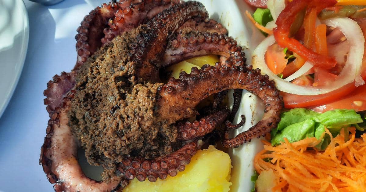 Tender grilled octopus tentacles served over boiled potatoes with a side salad on a platter at a Peniche restaurant.